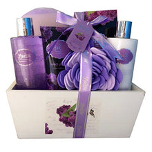 Load image into Gallery viewer, Spa Gift Basket, Spa Basket with Lavender Fragrance, Lilac color by Lovestee - Bath and Body Gift Set, Includes Shower Gel, Body Lotion, Hand Lotion, Bath Salt, Flower Bath-Body Sponge and EVA Sponge
