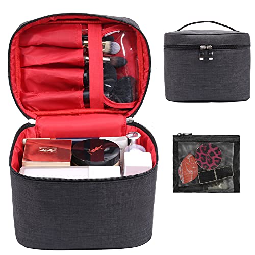 Makeup Bag Travel Large Cosmetic Bag Case Organizer Pouch with Mesh Bag Brush Holder Make Up Toiletry Bags for Women(Black)