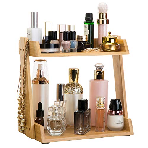 GOBAM Makeup Organizer, Cosmetic Storage Display Shelf with 2 Layers, Assemble Easily, Fits Different Cosmetics and More, Natural Bamboo
