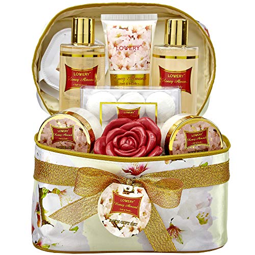 Bath and Body Gift Basket For Women ?Çô Honey Almond Home Spa Set with Fragrant Lotions, 6 Bath Bombs, Reusable Travel Cosmetics Bag and More - 14 Piece Set