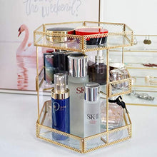 Load image into Gallery viewer, Yamfurvo 360 Degree Rotation Makeup Organizer Antique Countertop Cosmetic Storage Case, Glass Beauty Display, Gold Spin Large Capacity Holder for Brushes Lipsticks Skincare Toner
