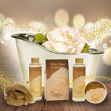 Load image into Gallery viewer, White Rose Jasmine Spa Set For Women Displayed in Elegant Gold Tub Includes Shower Gel, Bubble Bath, Body Lotion, Jasmine Bath Salt and Pouf, Award Winning Bath and Body Set
