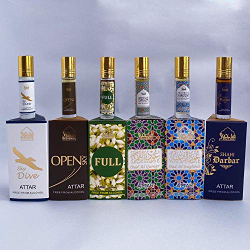 Dukhni Pure Attar Oil (CPO) Blends - Alcohol Free, Vegan & Pure. Set of 6 x 6ml (0.2 Fl Oz Each) - Open, Attar Full, SkyDive, Shahi Darbar, Oud Al Qamar, Oud Al Raghbah