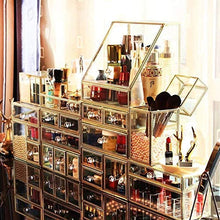 Load image into Gallery viewer, minopigo Antique Spacious Mirror Glass Drawers Set/Metal Cosmetic Makeup Storage/Stunning Jewelry Cube Perfume Organizer. It Consists of 4Separate Organizers Dustproof (Brass)

