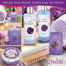Load image into Gallery viewer, Relaxing Lavender Spa Bath Gift Baskets for Women-Girls, Christmas, Birthday, Bath and Body Set-Kit Includes Candle, Essential Oil, Body Scrub, Bath Salt, Body Lotion, Shower Gel and Body Scrub Brush
