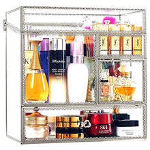 Load image into Gallery viewer, Stackable Glass Makeup Organizer Antique Countertop Vanity Cosmetic Storage Box Mirror Glass Beauty Display, Large Capacity Holder for Brushes Lipsticks Skincare Toner with free Pearl (Silver)
