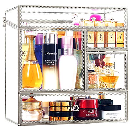 Stackable Glass Makeup Organizer Antique Countertop Vanity Cosmetic Storage Box Mirror Glass Beauty Display, Large Capacity Holder for Brushes Lipsticks Skincare Toner with free Pearl (Silver)