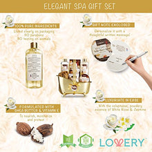 Load image into Gallery viewer, Father&#39;s Day Home Spa Gift Basket, 13 Piece Bath &amp; Body Set For Men &amp; Women, White Rose &amp; Jasmine Fragrance with Shower Gel, Bubble Bath, Body Scrub, Salts, 6 Bath Bombs, Pouf, Cosmetic Bag &amp; Gold Tub
