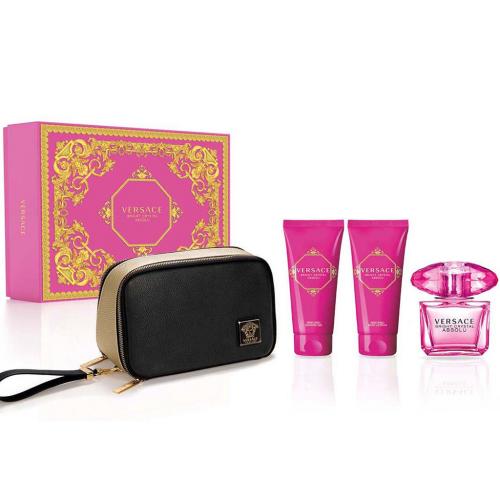 VERSACE BRIGHT CRYSTAL ABSOLU 4 PCS SET FOR WOMEN: 3 OZ EDP + 3.4 S/G + 3.4 B/L + POUCH