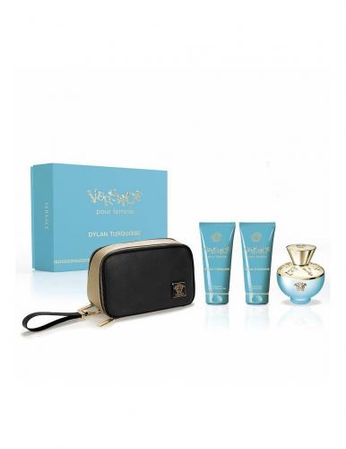 VERSACE DYLAN TURQUOISE 4 PCS SET: 3.4 EAU DE TOILETTE SPRAY + 3.4 BODY GEL + 3.4 SHOWER GEL + TRAVEL BAG