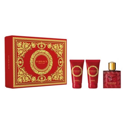 VERSACE EROS FLAME 3 PCS SET FOR MEN: 1.7 EAU DE PARFUM SPRAY + 1.7 SHOWER GEL + 1.7 AFTER SHAVE BALM (HARD BOX)